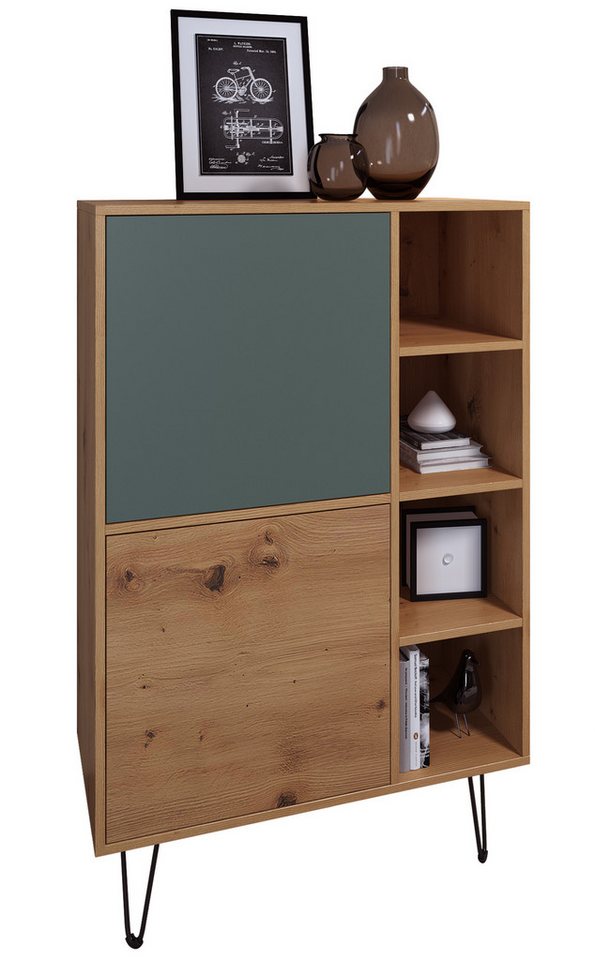 Vladon Highboard Havana V1 (Schrank mit 2 Türen und 4 offene Fächer, Kommode Made in Germany), Eiche Evoke / Fjord Grün (124 x 79 x 35 cm) von Vladon