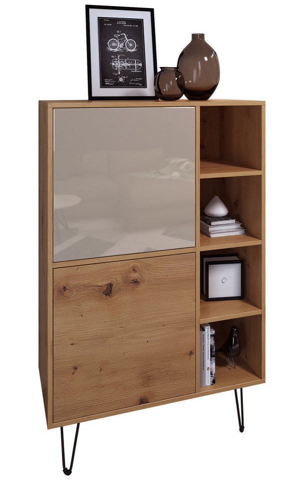 Vladon Highboard Havana V1 (Schrank mit 2 Türen und 4 offene Fächer, Kommode Made in Germany), Eiche Evoke / Sandgrau Hochglanz (124 x 79 x 35 cm) von Vladon