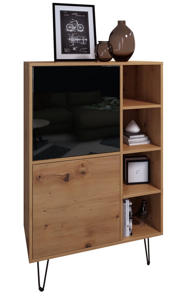 Vladon Highboard Havana V1 (Schrank mit 2 Türen und 4 offene Fächer, Kommode Made in Germany), Eiche Evoke / Schwarz Hochglanz (124 x 79 x 35 cm) von Vladon