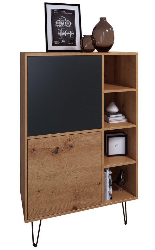 Vladon Highboard Havana V1 (Schrank mit 2 Türen und 4 offene Fächer, Kommode Made in Germany), Eiche Evoke / Schwarz matt (124 x 79 x 35 cm) von Vladon