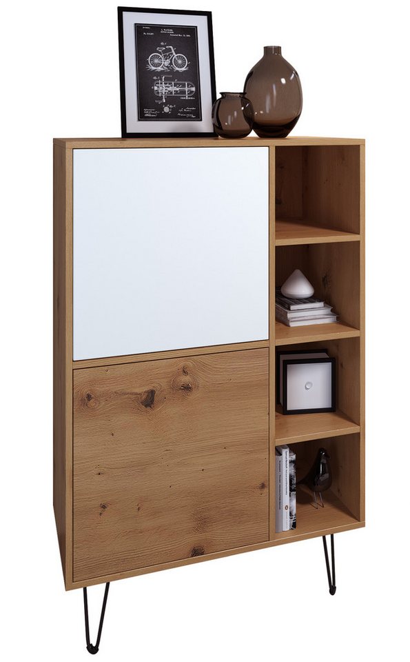Vladon Highboard Havana V1 (Schrank mit 2 Türen und 4 offene Fächer, Kommode Made in Germany), Eiche Evoke / Weiß matt (124 x 79 x 35 cm) von Vladon