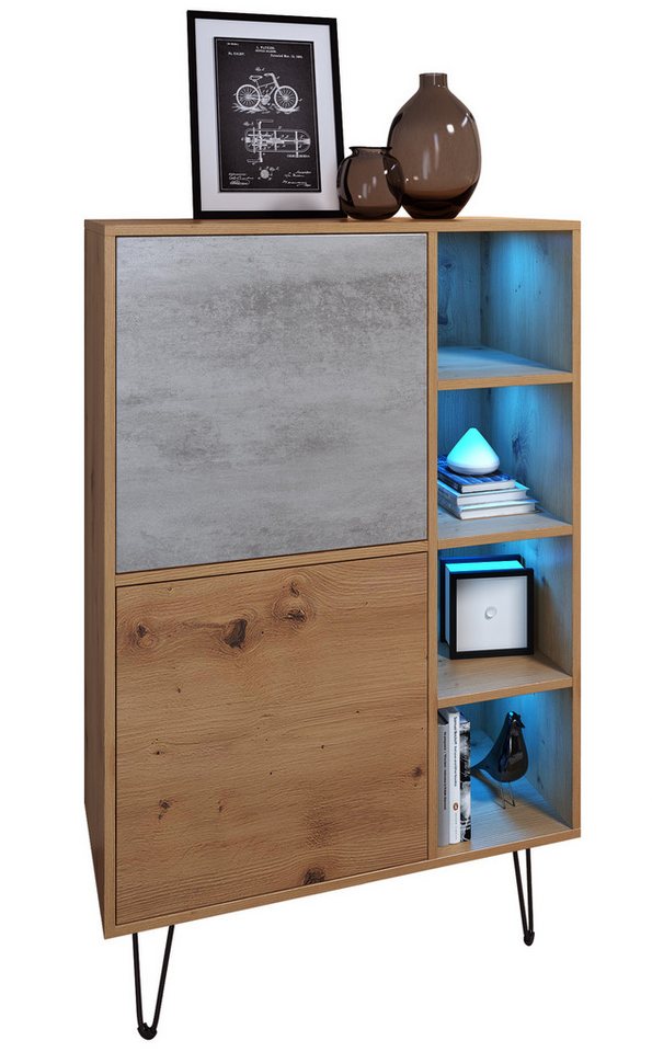 Vladon Highboard Havana V1 (Sideboard mit 2 Türen und 4 offene Fächer, Kommode mit LED, Made in Germany), Eiche Evoke / Beton Oxid Optik (124 x 79 x 35 cm) von Vladon