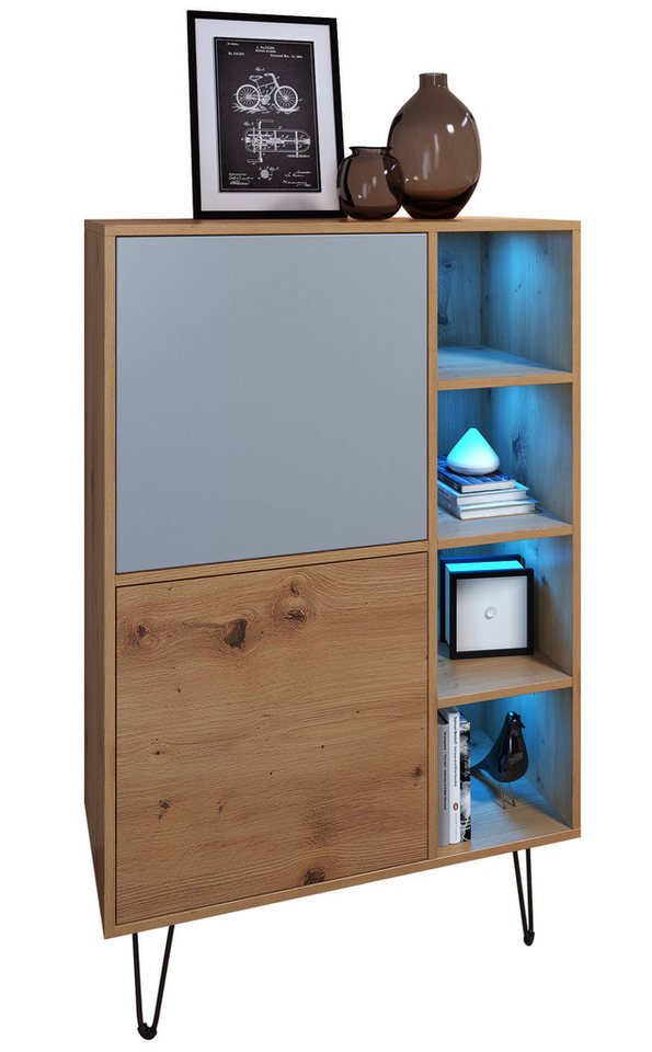 Vladon Highboard Havana V1 (Sideboard mit 2 Türen und 4 offene Fächer, Kommode mit LED, Made in Germany), Eiche Evoke / Denim matt (124 x 79 x 35 cm) von Vladon