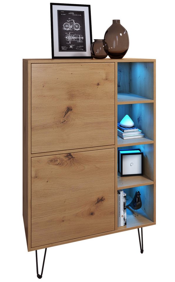 Vladon Highboard Havana V1 (Sideboard mit 2 Türen und 4 offene Fächer, Kommode mit LED, Made in Germany), Eiche Evoke / Eiche Evoke (124 x 79 x 35 cm) von Vladon