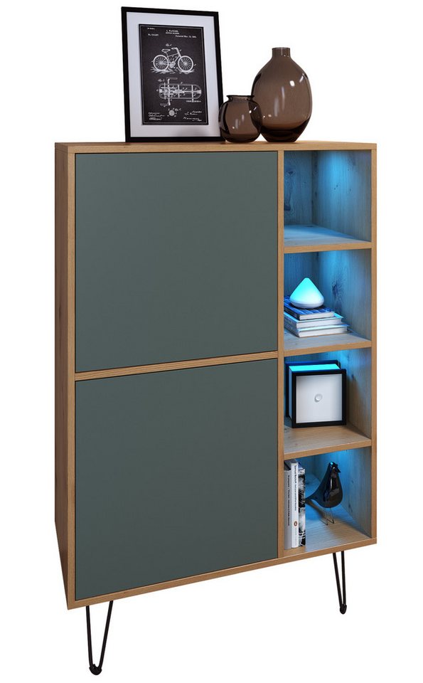 Vladon Highboard Havana V1 (Sideboard mit 2 Türen und 4 offene Fächer, Kommode mit LED, Made in Germany), Eiche Evoke / Fjord Grün (124 x 79 x 35 cm) von Vladon