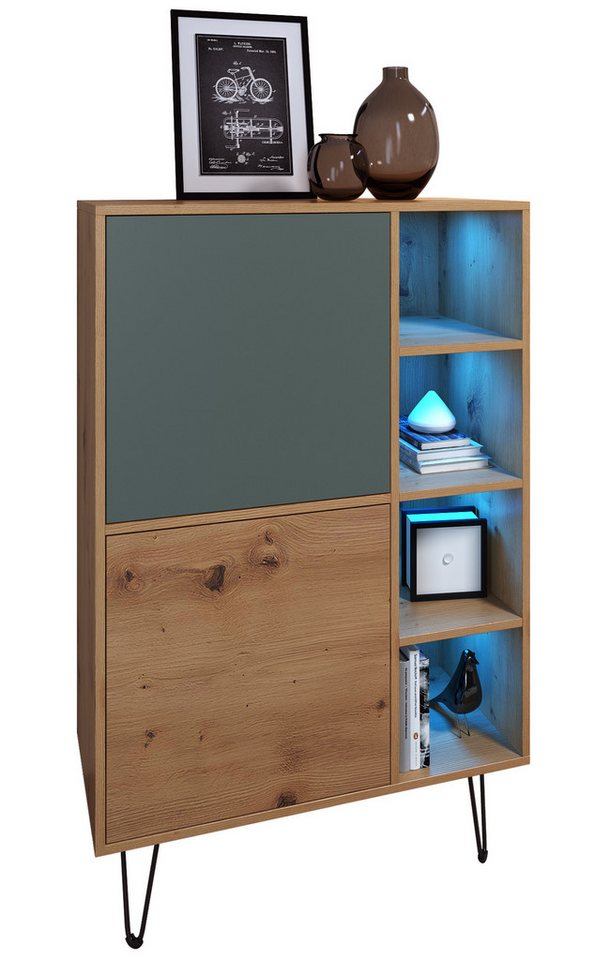 Vladon Highboard Havana V1 (Sideboard mit 2 Türen und 4 offene Fächer, Kommode mit LED, Made in Germany), Eiche Evoke / Fjord Grün (124 x 79 x 35 cm) von Vladon