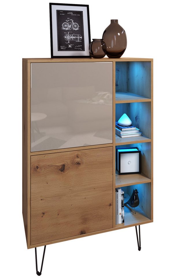 Vladon Highboard Havana V1 (Sideboard mit 2 Türen und 4 offene Fächer, Kommode mit LED, Made in Germany), Eiche Evoke / Sandgrau Hochglanz (124 x 79 x 35 cm) von Vladon
