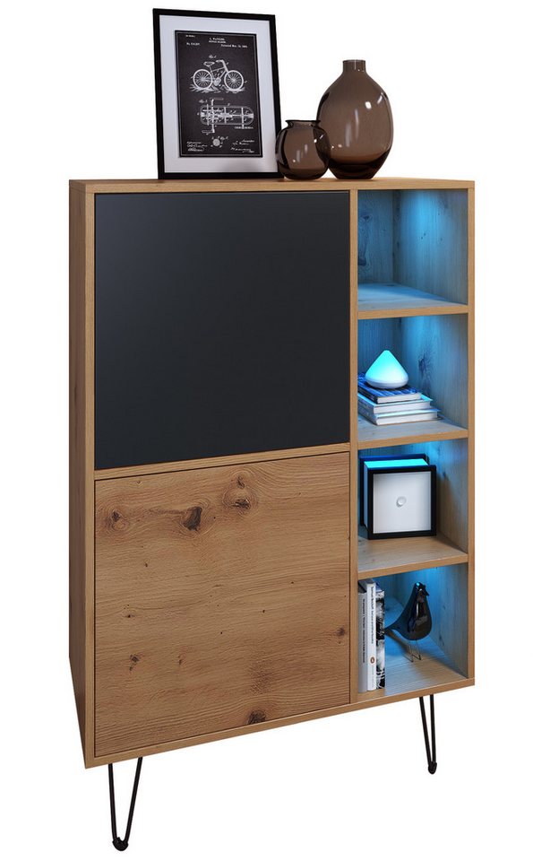 Vladon Highboard Havana V1 (Sideboard mit 2 Türen und 4 offene Fächer, Kommode mit LED, Made in Germany), Eiche Evoke / Schwarz matt (124 x 79 x 35 cm) von Vladon