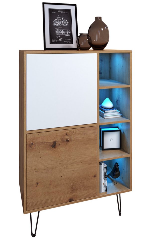Vladon Highboard Havana V1 (Sideboard mit 2 Türen und 4 offene Fächer, Kommode mit LED, Made in Germany), Eiche Evoke / Weiß matt (124 x 79 x 35 cm) von Vladon