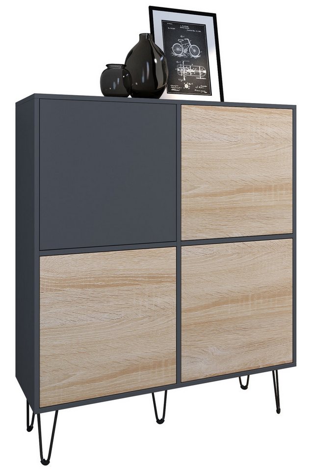 Vladon Highboard Havana V2 (Sideboard mit 4 Türen und 8 geschlossenen Fächern, Kommode, Made in Germany), Anthrazit matt / Eiche sägerau (104 x 124 x 35 cm) von Vladon
