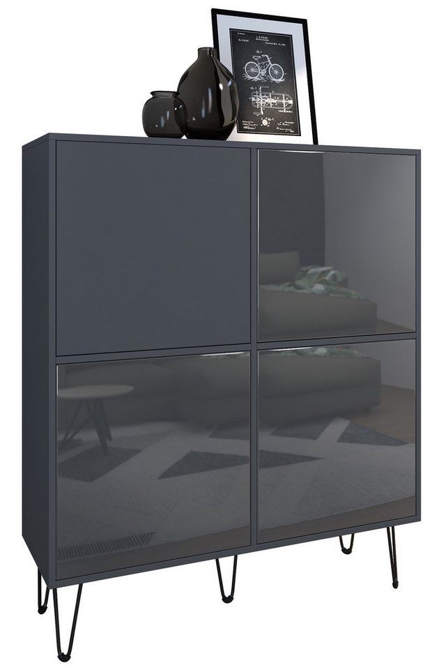 Vladon Highboard Havana V2 (Sideboard mit 4 Türen und 8 geschlossenen Fächern, Kommode, Made in Germany), Anthrazit matt / Grau Hochglanz (104 x 124 x 35 cm) von Vladon