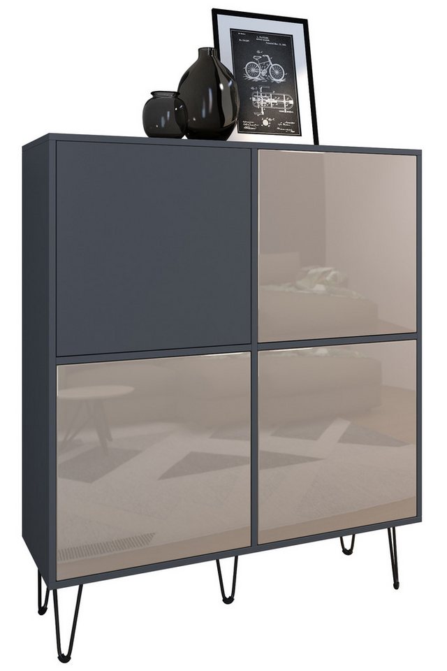 Vladon Highboard Havana V2 (Sideboard mit 4 Türen und 8 geschlossenen Fächern, Kommode, Made in Germany), Anthrazit matt / Sandgrau Hochglanz (104 x 124 x 35 cm) von Vladon