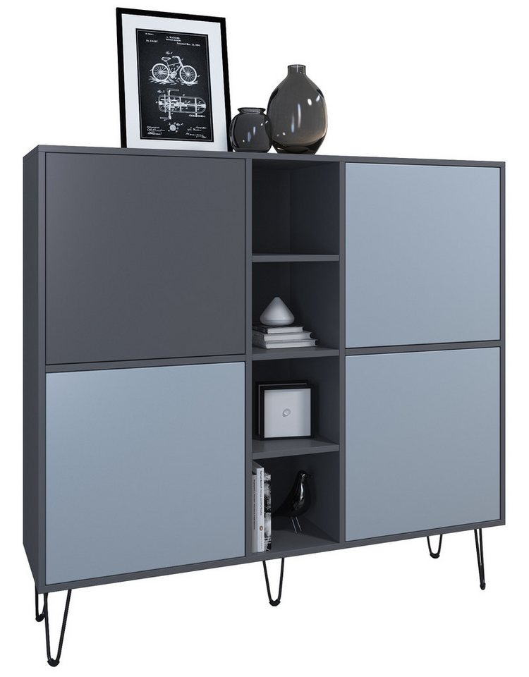 Vladon Highboard Havana V3 (Sideboard mit 4 Türen und 4 offene Fächer, Kommode Made in Germany), Anthrazit matt / Denim matt (130,5 x 124 x 35 cm) von Vladon