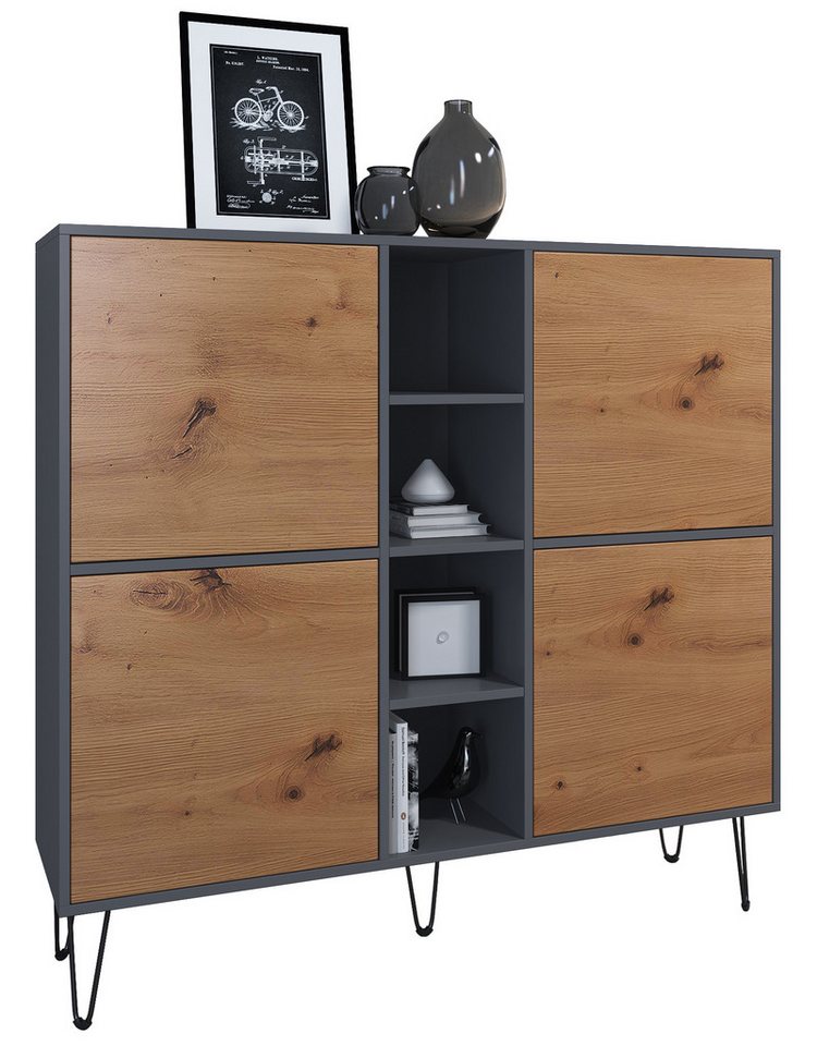 Vladon Highboard Havana V3 (Sideboard mit 4 Türen und 4 offene Fächer, Kommode Made in Germany), Anthrazit matt / Eiche Evoke (130,5 x 124 x 35 cm) von Vladon