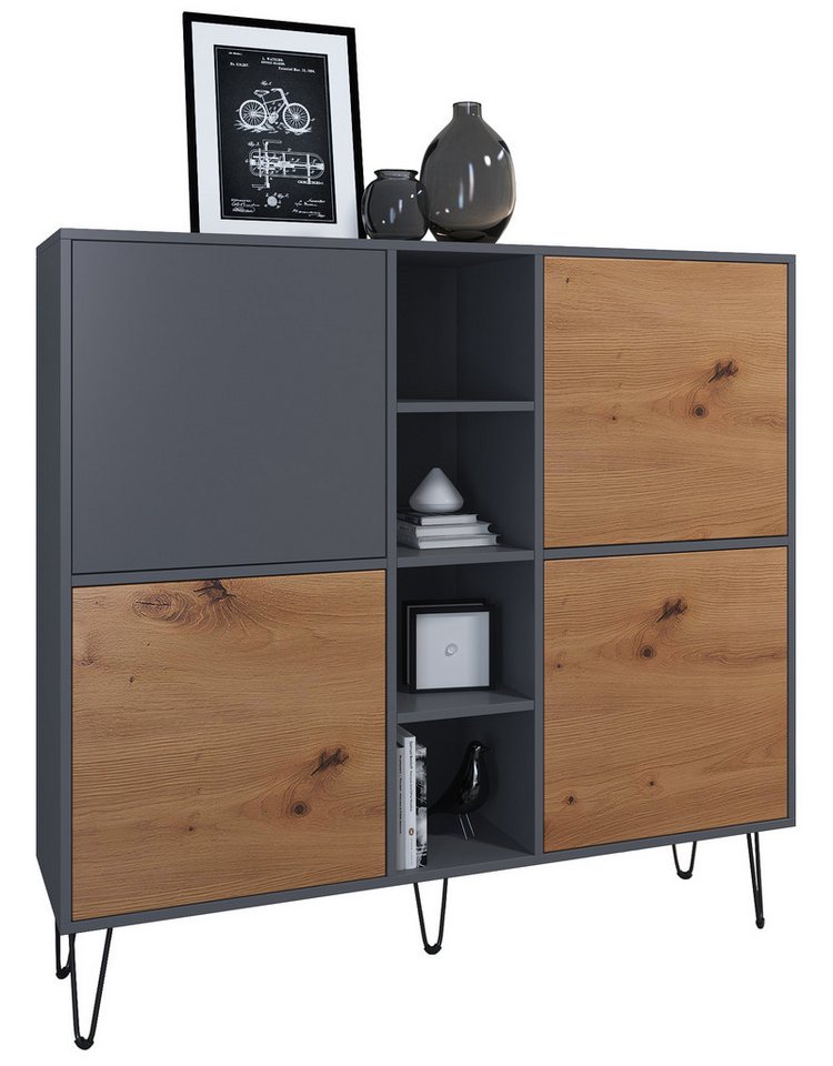 Vladon Highboard Havana V3 (Sideboard mit 4 Türen und 4 offene Fächer, Kommode Made in Germany), Anthrazit matt / Eiche Evoke (130,5 x 124 x 35 cm) von Vladon