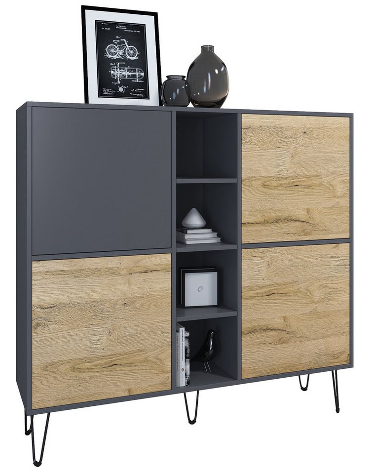 Vladon Highboard Havana V3 (Sideboard mit 4 Türen und 4 offene Fächer, Kommode Made in Germany), Anthrazit matt / Eiche Natur (130,5 x 124 x 35 cm) von Vladon