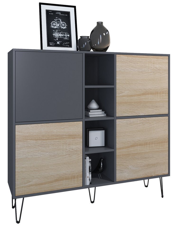 Vladon Highboard Havana V3 (Sideboard mit 4 Türen und 4 offene Fächer, Kommode Made in Germany), Anthrazit matt / Eiche sägerau (130,5 x 124 x 35 cm) von Vladon