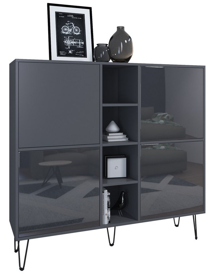 Vladon Highboard Havana V3 (Sideboard mit 4 Türen und 4 offene Fächer, Kommode Made in Germany), Anthrazit matt / Grau Hochglanz (130,5 x 124 x 35 cm) von Vladon