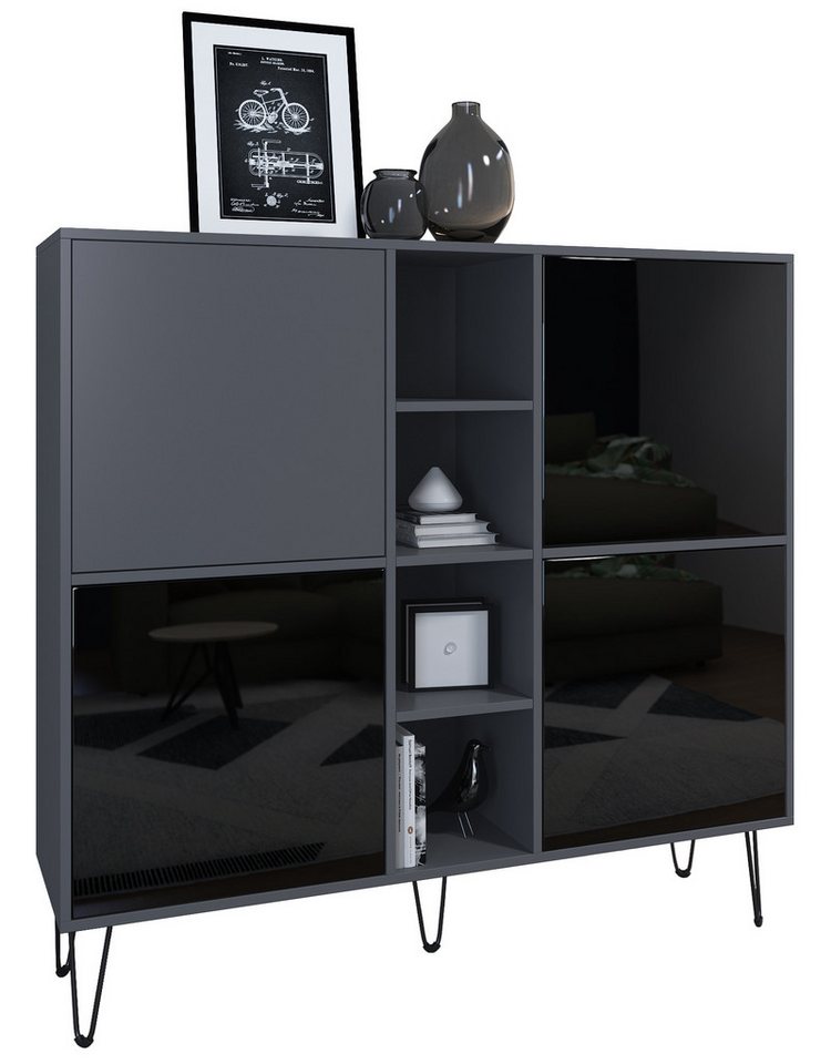Vladon Highboard Havana V3 (Sideboard mit 4 Türen und 4 offene Fächer, Kommode Made in Germany), Anthrazit matt / Schwarz Hochglanz (130,5 x 124 x 35 cm) von Vladon