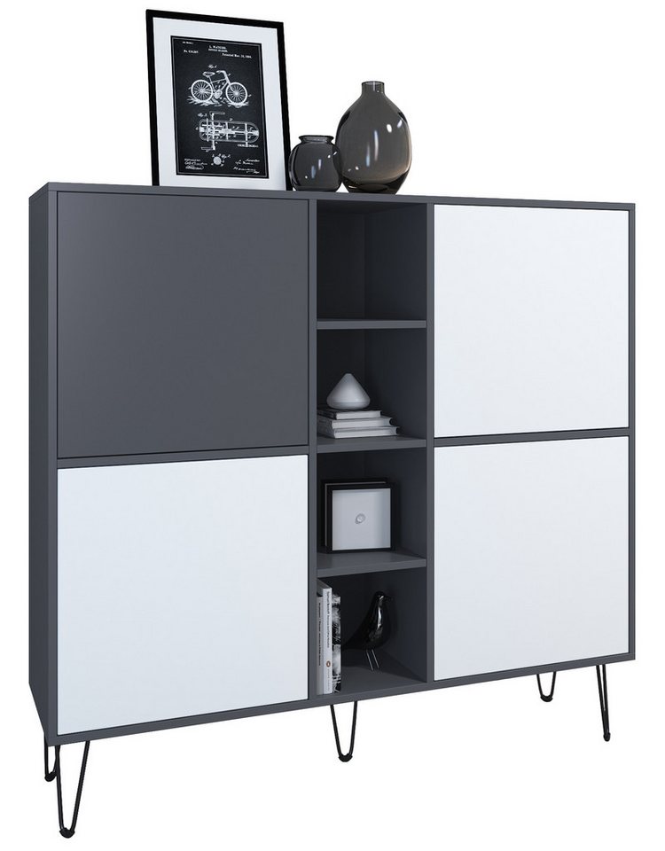 Vladon Highboard Havana V3 (Sideboard mit 4 Türen und 4 offene Fächer, Kommode Made in Germany), Anthrazit matt / Weiß matt (130,5 x 124 x 35 cm) von Vladon