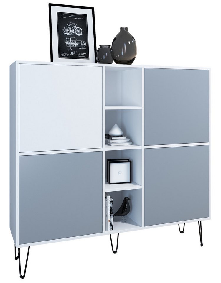 Vladon Highboard Havana V3 (Sideboard mit 4 Türen und 4 offene Fächer, Kommode Made in Germany), Weiß matt / Denim matt (130,5 x 124 x 35 cm) von Vladon