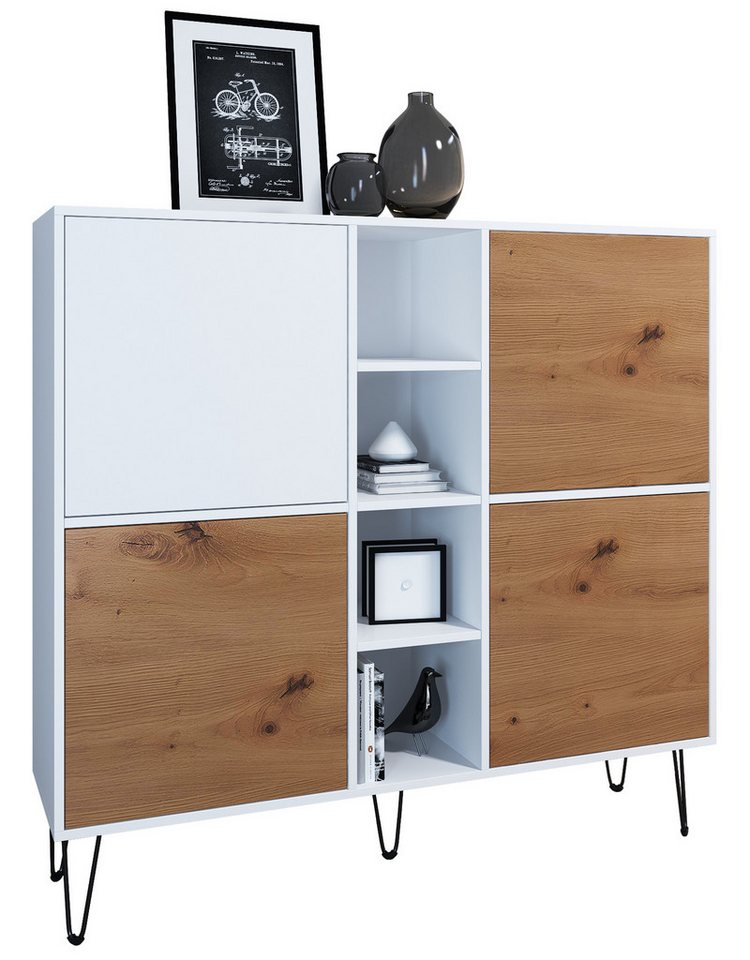 Vladon Highboard Havana V3 (Sideboard mit 4 Türen und 4 offene Fächer, Kommode Made in Germany), Weiß matt / Eiche Evoke (130,5 x 124 x 35 cm) von Vladon