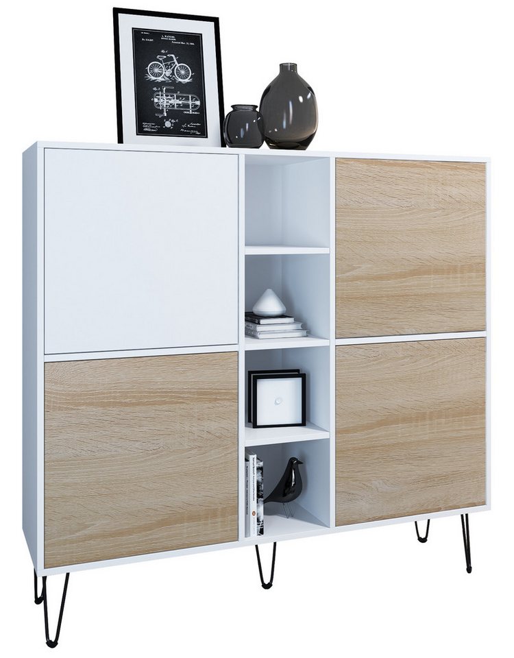 Vladon Highboard Havana V3 (Sideboard mit 4 Türen und 4 offene Fächer, Kommode Made in Germany), Weiß matt / Eiche sägerau (130,5 x 124 x 35 cm) von Vladon