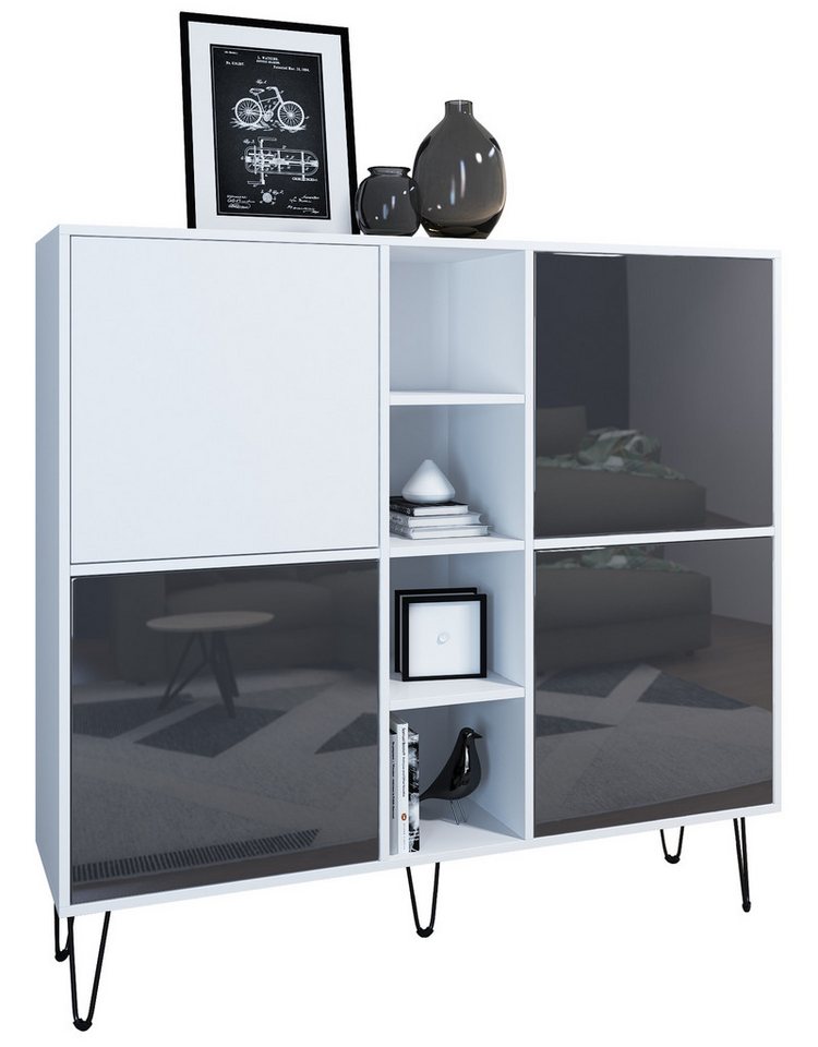 Vladon Highboard Havana V3 (Sideboard mit 4 Türen und 4 offene Fächer, Kommode Made in Germany), Weiß matt / Grau Hochglanz (130,5 x 124 x 35 cm) von Vladon