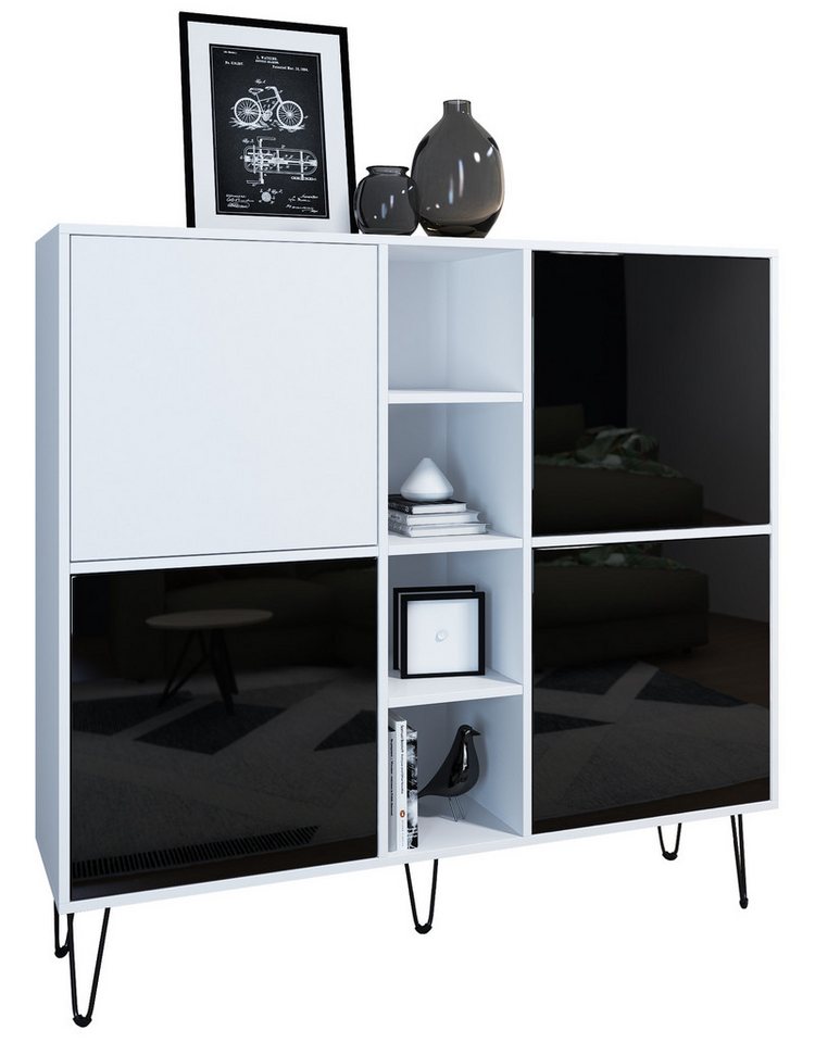 Vladon Highboard Havana V3 (Sideboard mit 4 Türen und 4 offene Fächer, Kommode Made in Germany), Weiß matt / Schwarz Hochglanz (130,5 x 124 x 35 cm) von Vladon