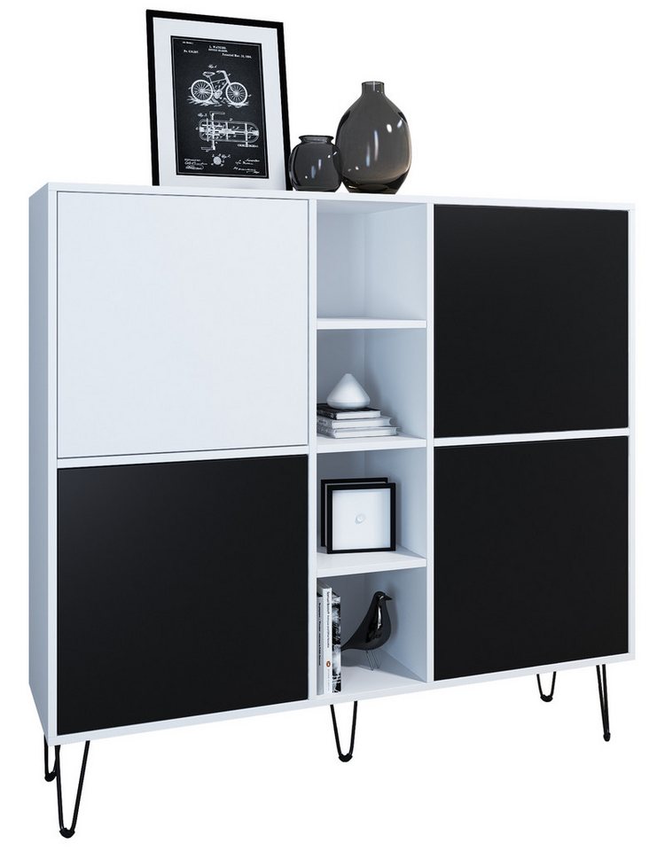 Vladon Highboard Havana V3 (Sideboard mit 4 Türen und 4 offene Fächer, Kommode Made in Germany), Weiß matt / Schwarz matt (130,5 x 124 x 35 cm) von Vladon