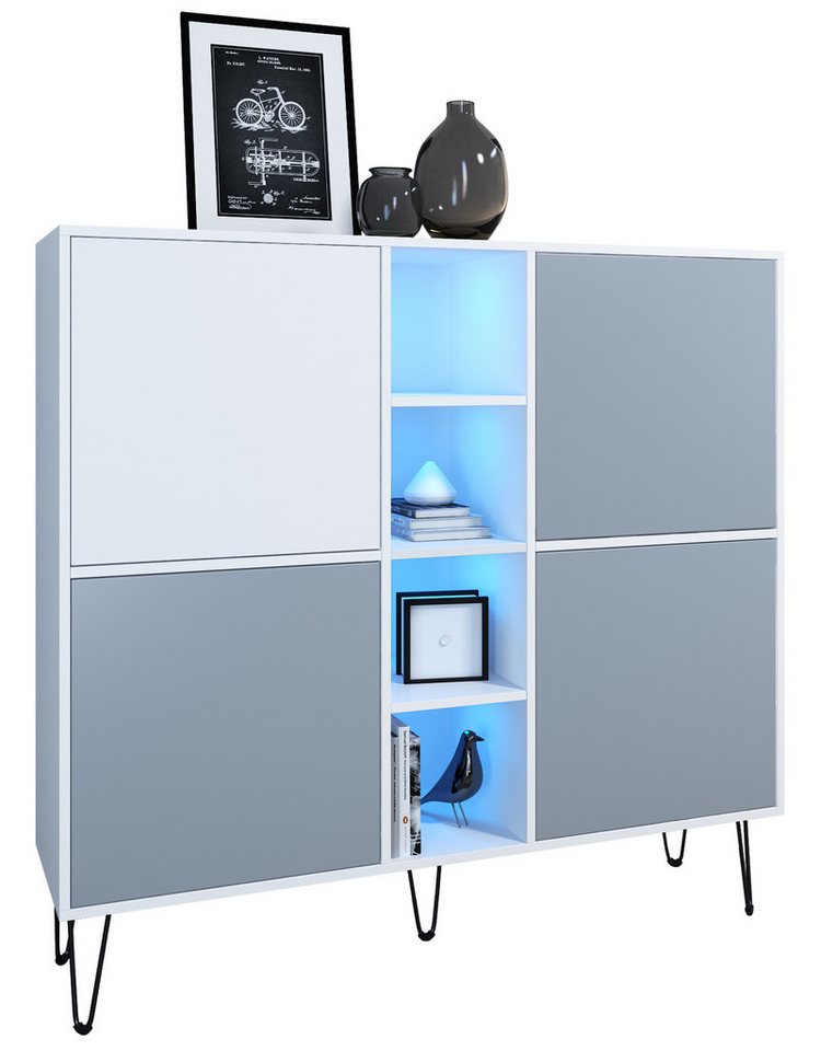Vladon Highboard Havana V3 (Sideboard mit 4 Türen und 4 offene Fächer, Kommode mit LED, Made in Germany), Weiß matt / Denim matt (130,5 x 124 x 35 cm) von Vladon