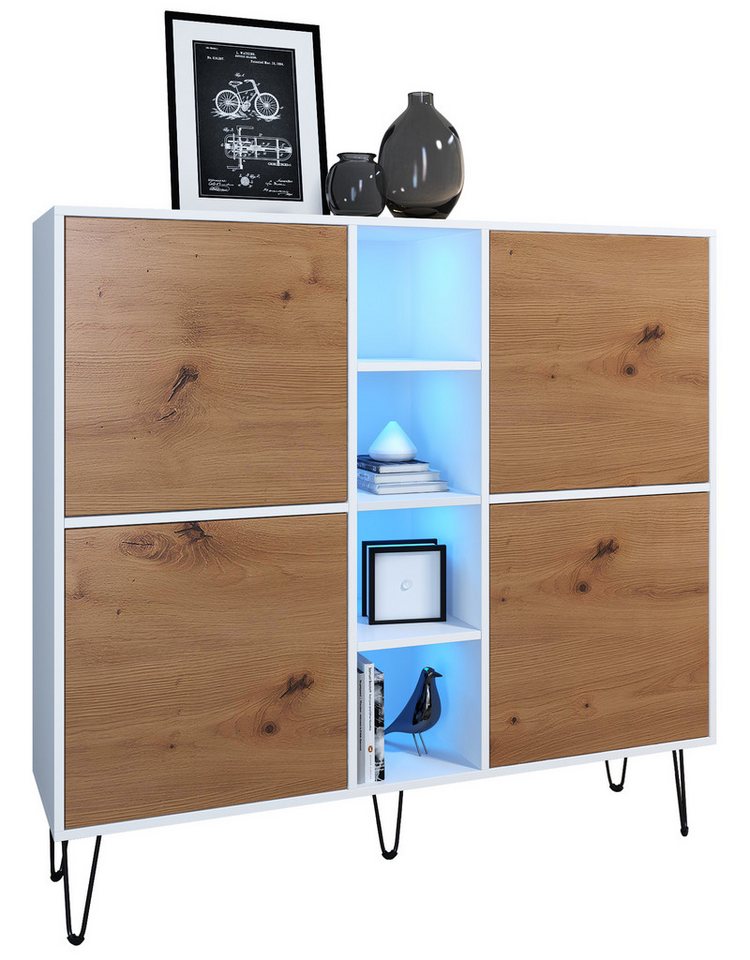 Vladon Highboard Havana V3 (Sideboard mit 4 Türen und 4 offene Fächer, Kommode mit LED, Made in Germany), Weiß matt / Eiche Evoke (130,5 x 124 x 35 cm) von Vladon