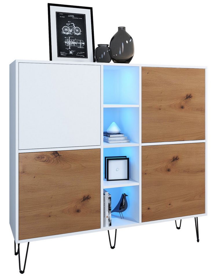 Vladon Highboard Havana V3 (Sideboard mit 4 Türen und 4 offene Fächer, Kommode mit LED, Made in Germany), Weiß matt / Eiche Evoke (130,5 x 124 x 35 cm) von Vladon
