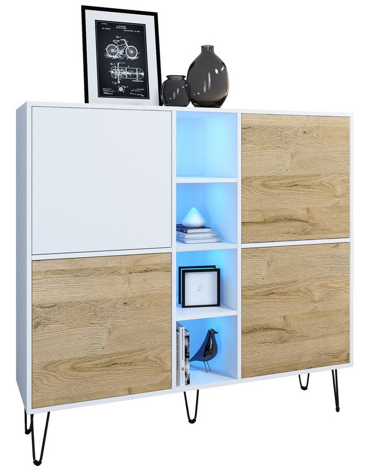 Vladon Highboard Havana V3 (Sideboard mit 4 Türen und 4 offene Fächer, Kommode mit LED, Made in Germany), Weiß matt / Eiche Natur (130,5 x 124 x 35 cm) von Vladon
