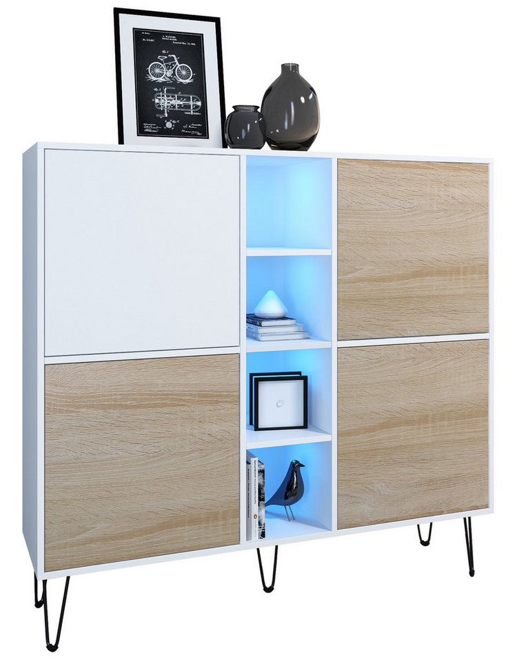 Vladon Highboard Havana V3 (Sideboard mit 4 Türen und 4 offene Fächer, Kommode mit LED, Made in Germany), Weiß matt / Eiche sägerau (130,5 x 124 x 35 cm) von Vladon