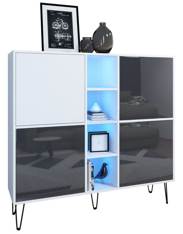 Vladon Highboard Havana V3 (Sideboard mit 4 Türen und 4 offene Fächer, Kommode mit LED, Made in Germany), Weiß matt / Grau Hochglanz (130,5 x 124 x 35 cm) von Vladon