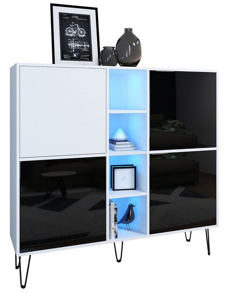 Vladon Highboard Havana V3 (Sideboard mit 4 Türen und 4 offene Fächer, Kommode mit LED, Made in Germany), Weiß matt / Schwarz Hochglanz (130,5 x 124 x 35 cm) von Vladon