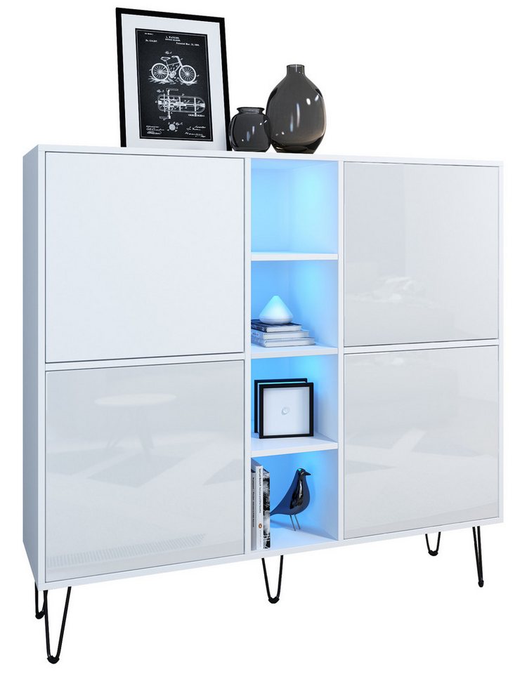 Vladon Highboard Havana V3 (Sideboard mit 4 Türen und 4 offene Fächer, Kommode mit LED, Made in Germany), Weiß matt / Weiß Hochglanz (130,5 x 124 x 35 cm) von Vladon