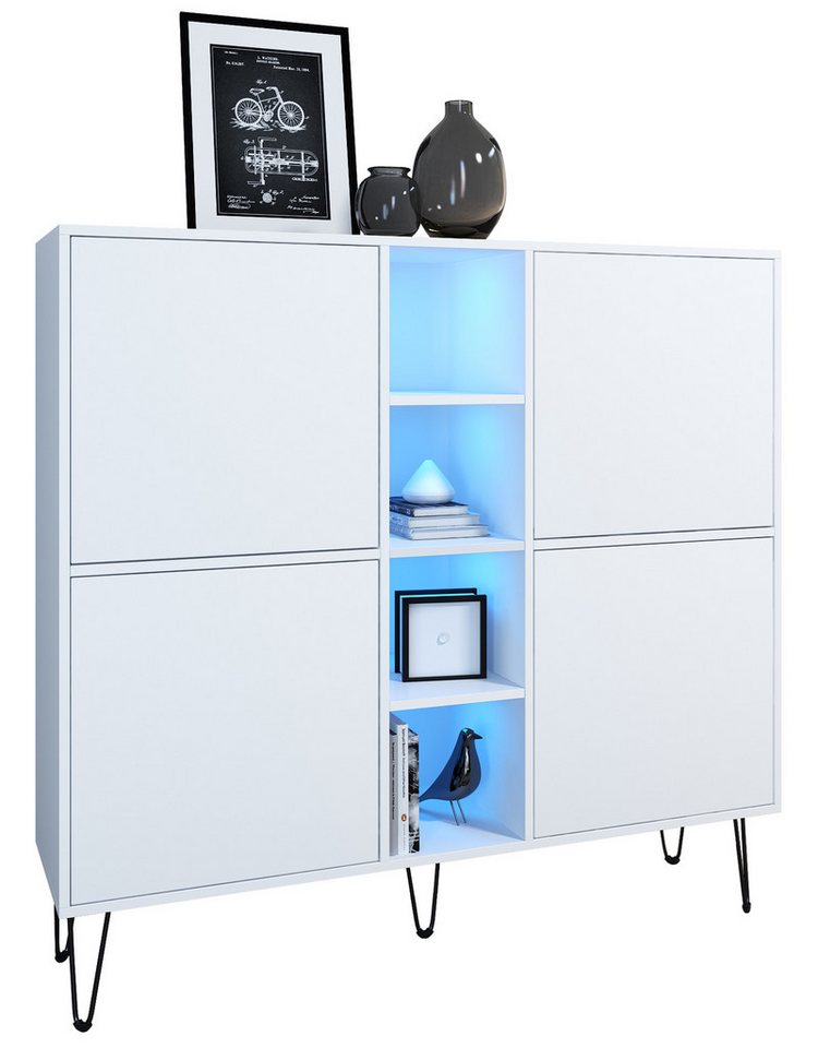 Vladon Highboard Havana V3 (Sideboard mit 4 Türen und 4 offene Fächer, Kommode mit LED, Made in Germany), Weiß matt / Weiß matt (130,5 x 124 x 35 cm) von Vladon