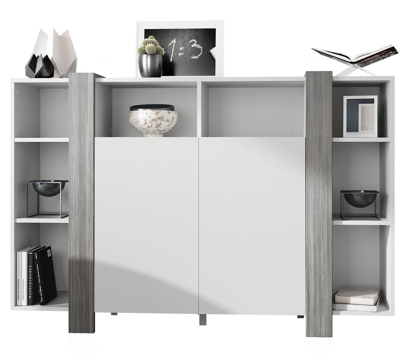 Vladon Highboard Ida V1 (Anrichte, mit 2 Türen und 8 offene Fächer), Weiß matt/Avola-Anthrazit (149 x 101 x 34 cm) von Vladon