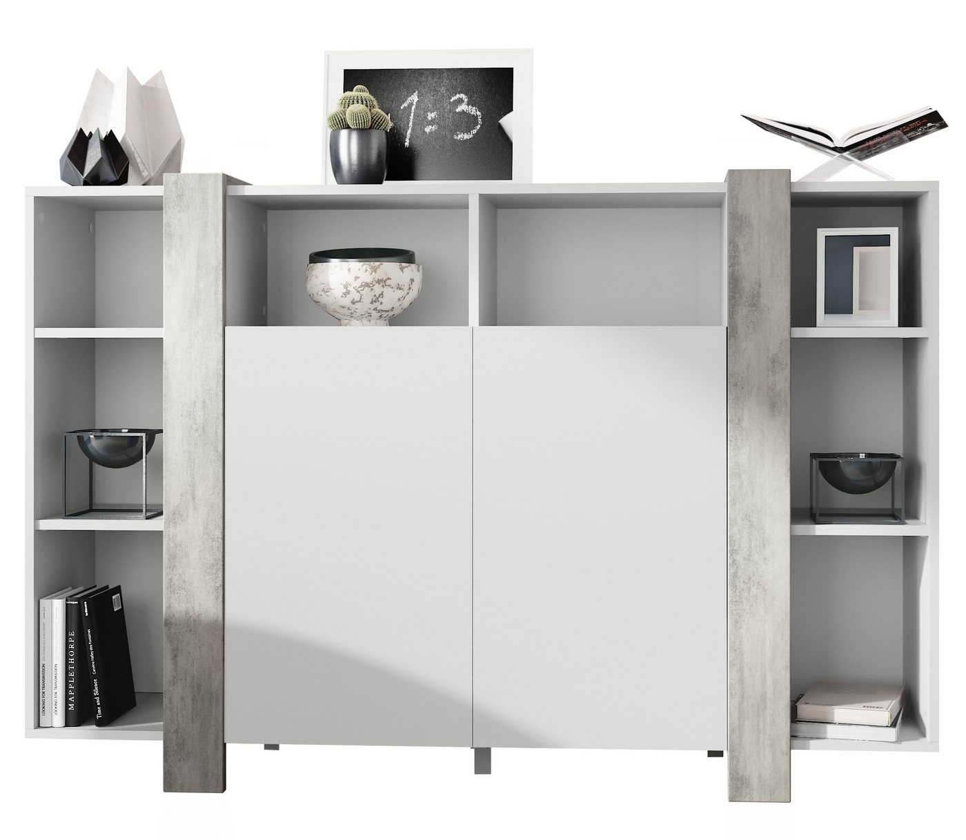 Vladon Highboard Ida V1 (Anrichte, mit 2 Türen und 8 offene Fächer), Weiß matt/Beton Oxid Optik (149 x 101 x 34 cm) von Vladon
