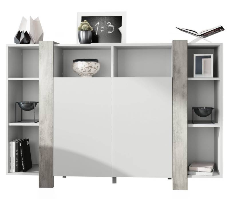 Vladon Highboard Ida V1 (Anrichte, mit 2 Türen und 8 offene Fächer), Weiß matt/Beton Oxid Optik (149 x 101 x 34 cm) von Vladon