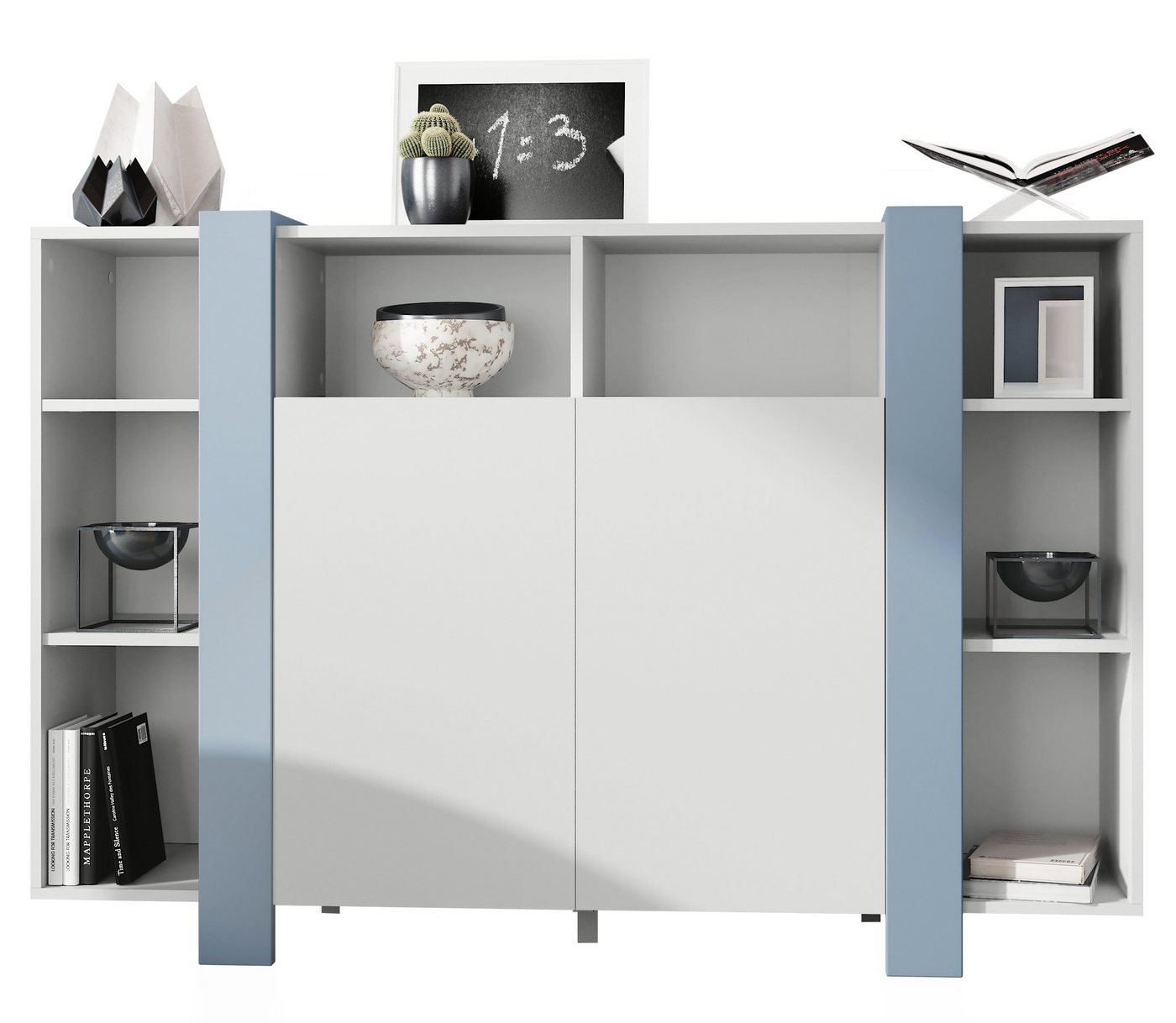 Vladon Highboard Ida V1 (Anrichte, mit 2 Türen und 8 offene Fächer), Weiß matt/Denim matt (149 x 101 x 34 cm) von Vladon