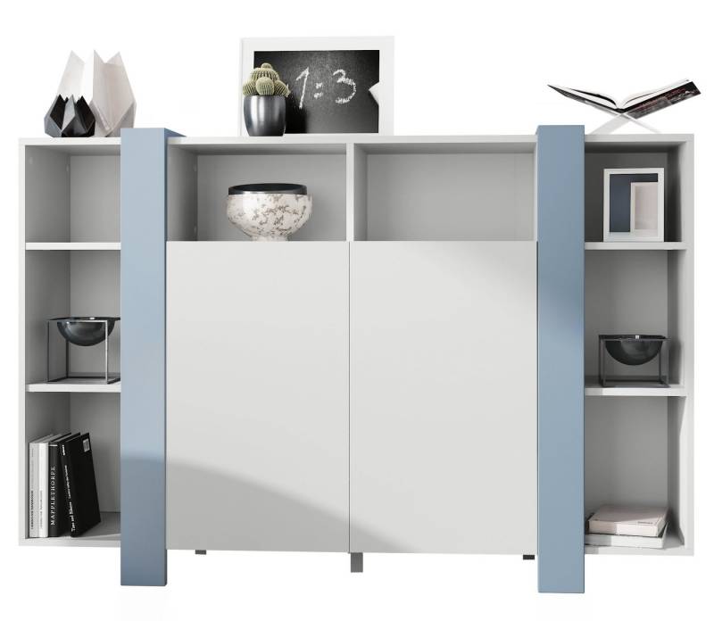 Vladon Highboard Ida V1 (Anrichte, mit 2 Türen und 8 offene Fächer), Weiß matt/Denim matt (149 x 101 x 34 cm) von Vladon