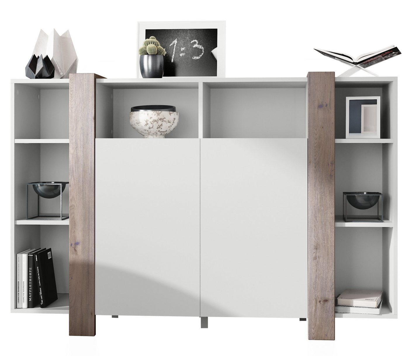 Vladon Highboard Ida V1 (Anrichte, mit 2 Türen und 8 offene Fächer), Weiß matt/Eiche Nordic (149 x 101 x 34 cm) von Vladon