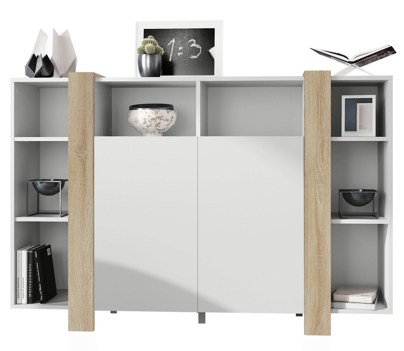 Vladon Highboard Ida V1 (Anrichte, mit 2 Türen und 8 offene Fächer), Weiß matt/Eiche sägerau (149 x 101 x 34 cm) von Vladon