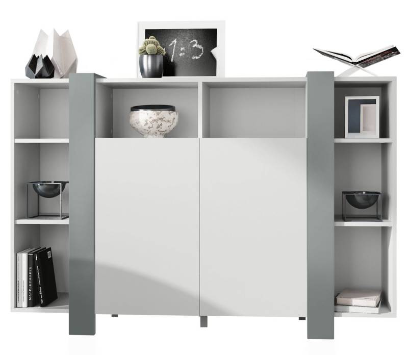 Vladon Highboard Ida V1 (Anrichte, mit 2 Türen und 8 offene Fächer), Weiß matt/Graphit seidenmatt (149 x 101 x 34 cm) von Vladon