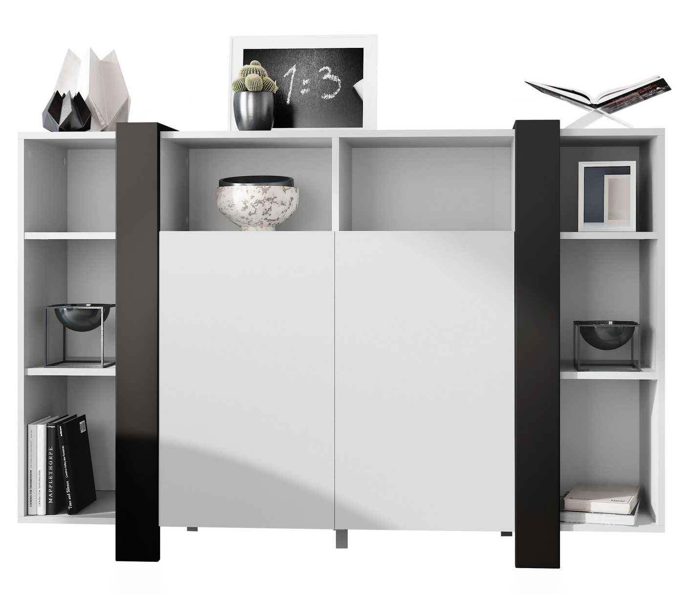 Vladon Highboard Ida V1 (Anrichte, mit 2 Türen und 8 offene Fächer), Weiß matt/Schwarz matt (149 x 101 x 34 cm) von Vladon