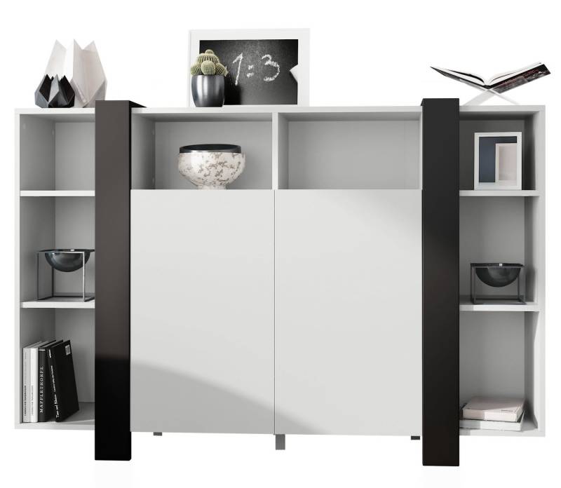Vladon Highboard Ida V1 (Anrichte, mit 2 Türen und 8 offene Fächer), Weiß matt/Schwarz matt (149 x 101 x 34 cm) von Vladon