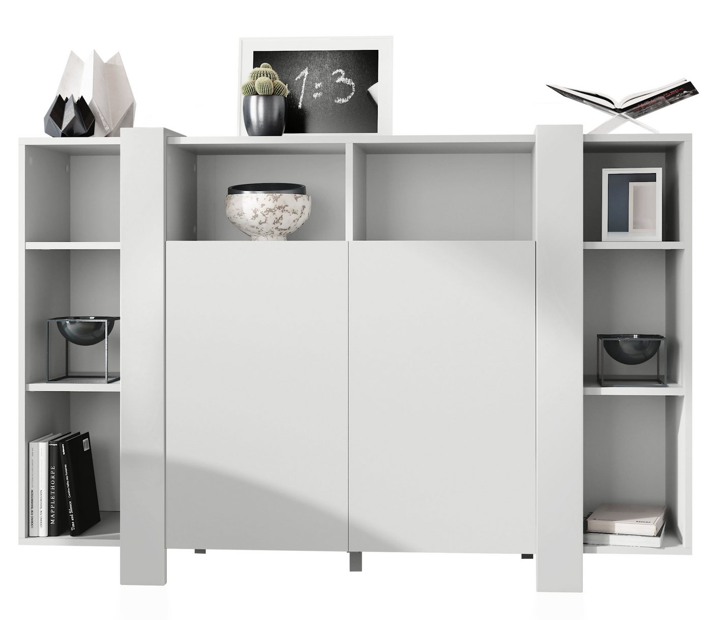 Vladon Highboard Ida V1 (Anrichte, mit 2 Türen und 8 offene Fächer), Weiß matt/Weiß matt (149 x 101 x 34 cm) von Vladon